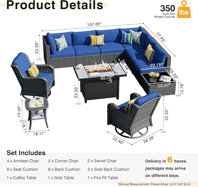 HOOOWOOO Outdoor Patio Furniture with Fire Pit Set 11 Pieces Patio Set with Fire Pit Wicker Outdoor Furniture with Fire Pit Table Set Patio Sectional Set with Swivel Chairs,Navy Blue