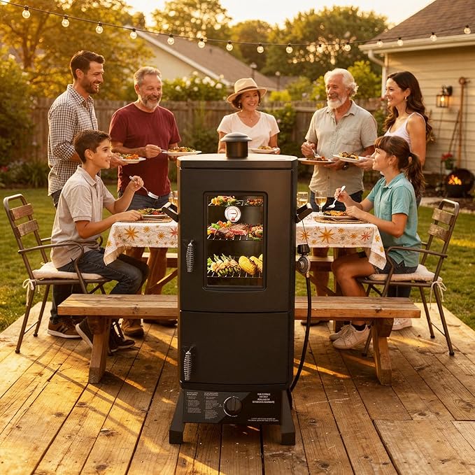 Propane Smoker, Vertical Smoker with Three Removable Shelves,Outdoor Grills & Smokers with Thermometer and Cover for Outdoor BBQ,