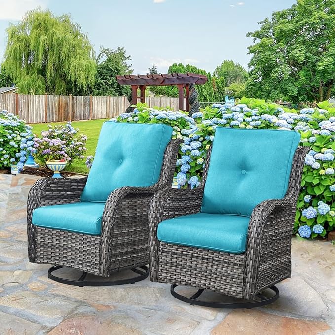HUMMUH Outdoor Swivel Rocker Wicker Patio Chairs Set of 2, Rattan Rocking Chair Furniture Set(Grey,Blue)