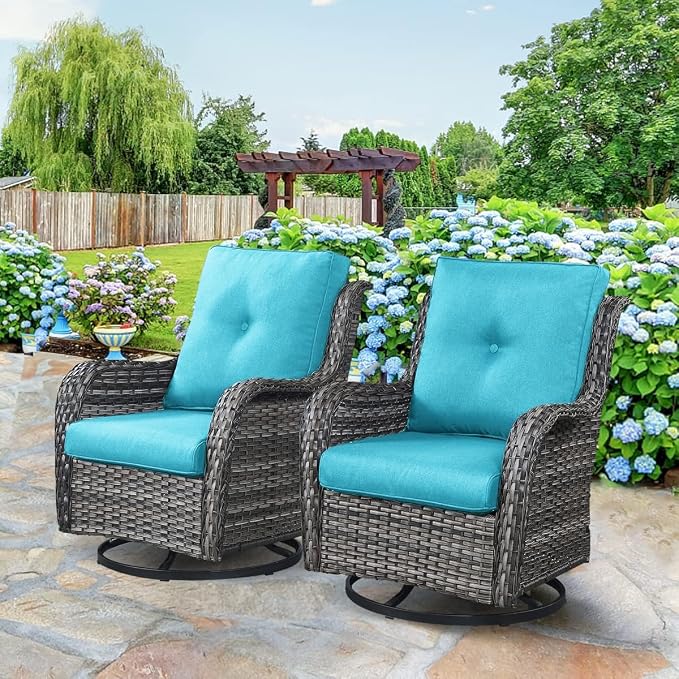 HUMMUH 3-Piece Swivel Rocking Rattan Chair Outdoor, Patio Bistro Furniture Conversation Set, Cushioned Wicker Chair with Glass Coffee Table(Grey,Blue)