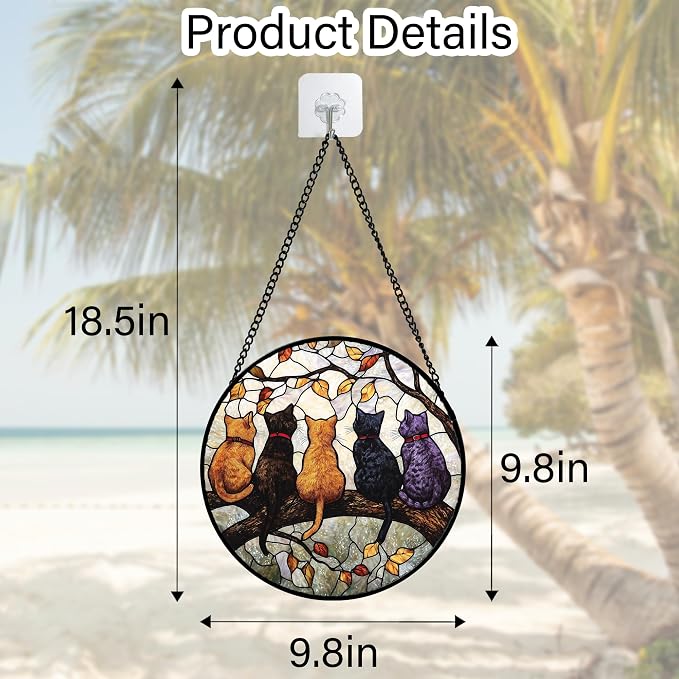 DASTOLL Stained Glass Window Hanging - 5 Cats on a Branch Suncatcher for Window Doors Home Decoration and Christmas, Mother's Day Father's Day Birthday Gifts for Women, Men, and Mom 9.8x9.8 in