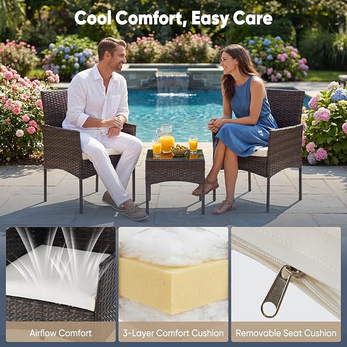 DUMOS 3 Piece Patio Furniture Set, All-Weather Outdoor Wicker Chairs with Removable Cushions & Tempered Glass Table, Small Bistro Set for Porch, Balcony, Lawn, Backyard Brown