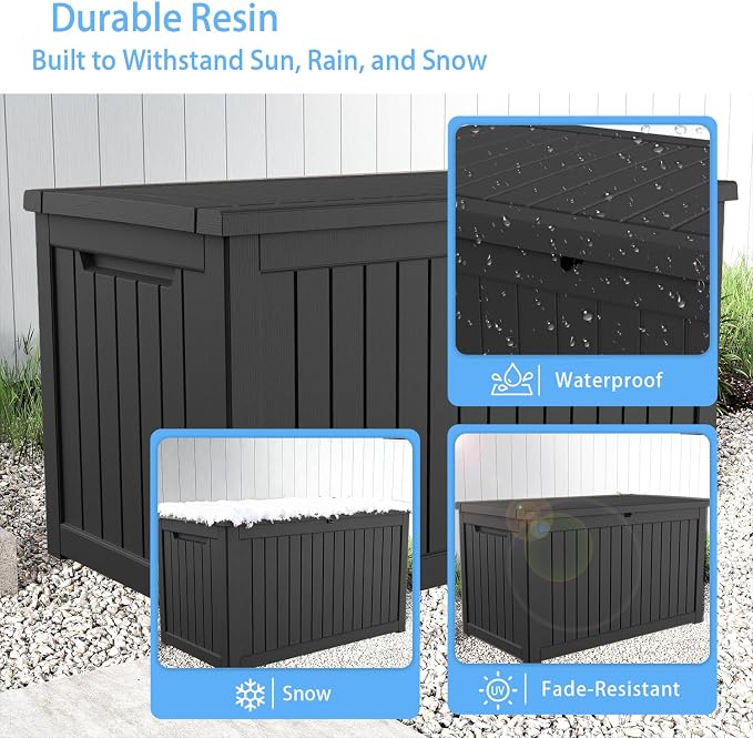 Pepe Tee Waterproof Resin Deck Box, Outdoor Storage Bin for Patio Furniture Cushions, All-Weather Garden Organizer & Seating Bench, Black