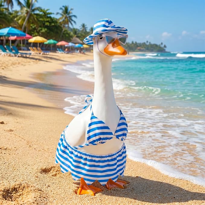 Hot 4Pcs Summer Bikini Porch Goose Outfits Set, Blue Striped Beach Costume with Hat, Fasion Sunglasses & Skirt, Yard & Lawn Goose Clothes for 23" Statue, Outdoor Patio Garden Decoration(Bikini)