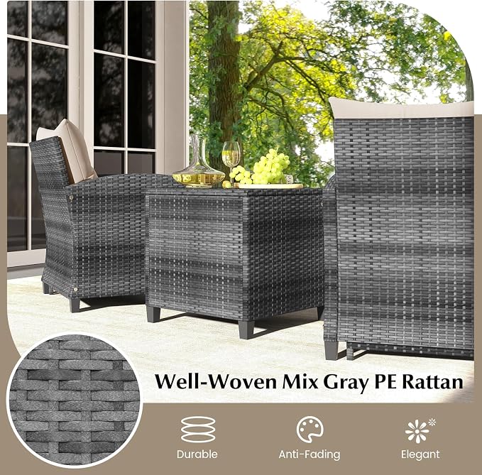 COSTWAY 5-Piece Rattan Conversation Set, Outdoor Wicker Sofa, Tempered Glass Coffee Table & Ottomans for Small Space, Boho Chic Indoor/Outdoor Furniture Set for Poolside, Backyard, Deck (Beige)