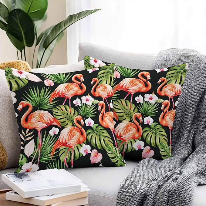 Pink Flamingos Outdoor Pillow Covers 24"x24" Set of 2, Green Tropical Leaf Hibiscus Flower Botanical Waterproof Throw Pillow Covers for Patio Furniture, Decorative Cushion Covers for Porch