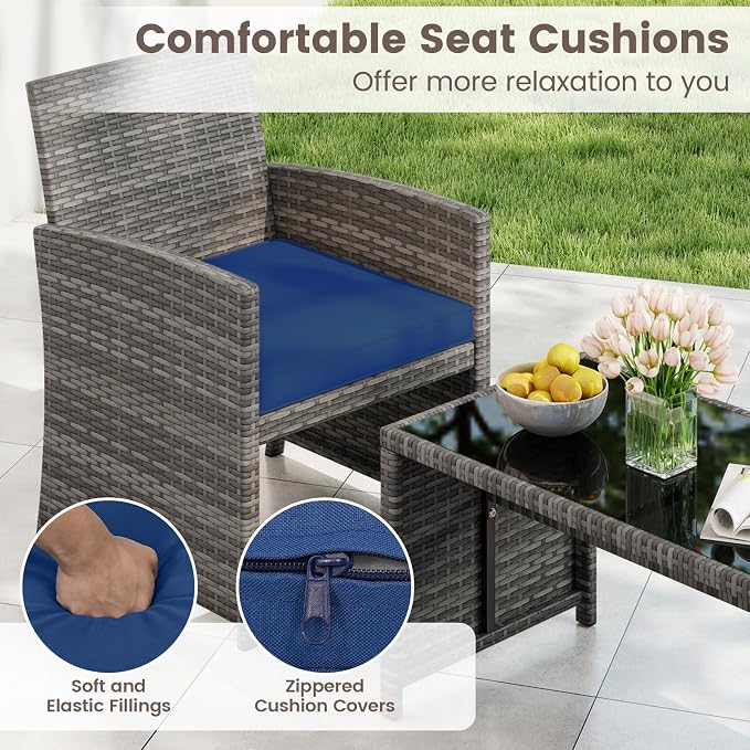 HAPPYGRILL 8 Piece Rattan Wicker Patio Conversation Set, Outdoor Furniture with Chair Loveseat Table & Cushion, for Backyard Porch Balcony (2, Navy)