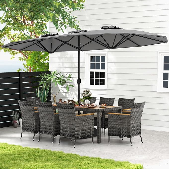 Tangkula 10 Pieces Patio Wicker Dining Set w/Double-Sided Patio Umbrella, Outdoor Acacia Wood Furniture Set w/ 8 Armchairs, Dining Table & 15 ft Umbrella with Weighted Base (Gray)