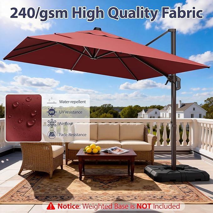 9' X 12' Cantilever Patio Umbrella Rectangle Outdoor Umbrella with Base Included, 6-Level Tilt & 360° Rotation Offset Umbrella for Garden, Deck, Pool (Red)