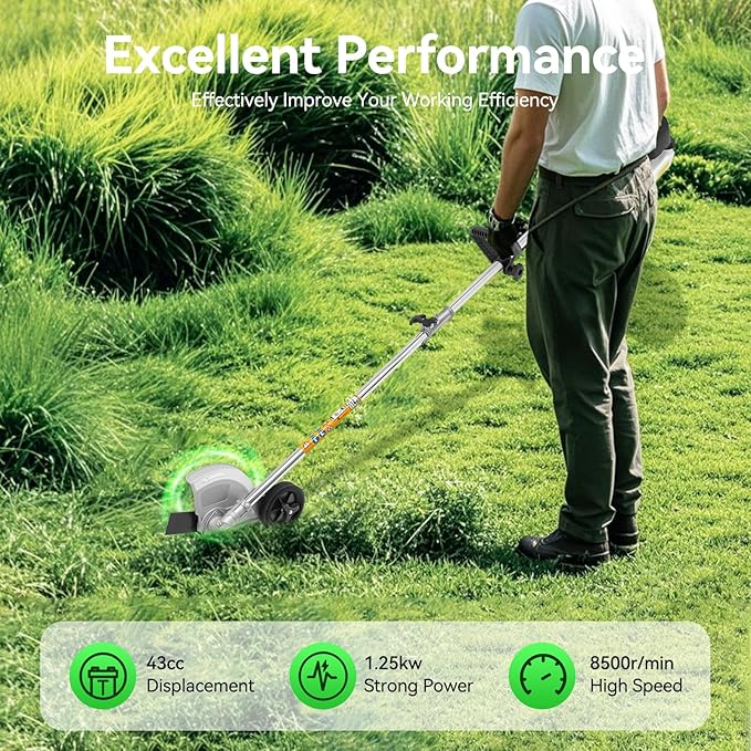 Gas Powered String Trimmer, 4 Stroke Air-Cooled Cordless Lawn Edger Gasoline Weed Eater with 2 Blade Heads for Garden Lawn Grass Hedge Trimmer (35.9CC, 0.75KW)