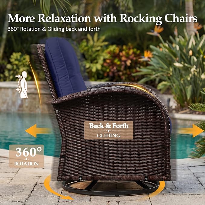 UPHA 6 Pieces Patio Furniture Sets, Wicker Outdoor Sofa Set with Loveseat & 3-Seat Couch, Swivel Chairs, Patio Conversation Set for Deck Backyard Garden, Brown Rattan, Navy Blue Cushion