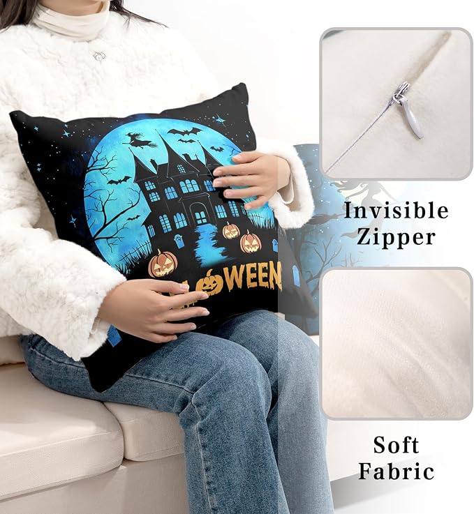 Halloween Pillow Covers 16x16 Set of 2 Witch Castle Throw Pillow Covers Horror Full Moon Night Pillow Case Bat Ghost Pumpkin Cushion Case for Holiday Party Home Decor Couch Sofa