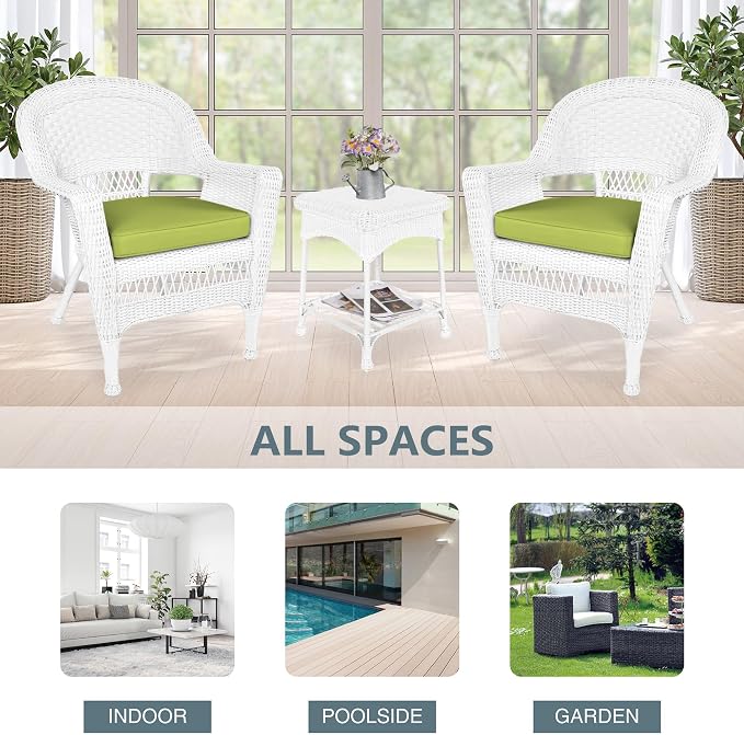 Jeco 3 Piece Wicker End Table Set with with Green Chair Cushion, White