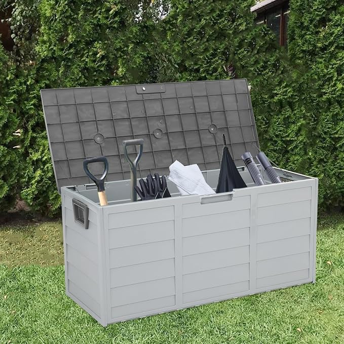 75 Gallon Outdoor Storage Box,Waterproof Deck Box with Lockable Lid&Wheels,Easy-open Outdoor Storage Bench with Handles for Garden,Pool,Balcony (Light Gray)