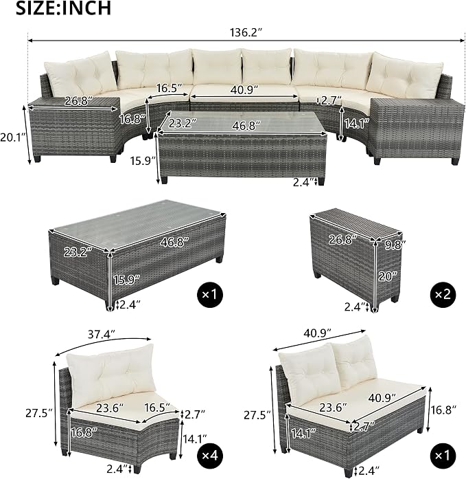 8-pieces Outdoor Patio Half-Moon Sectional Sofa Sets With Rectangular Coffee Table, All Weather PE Rattan Wicker Curved Sofa Set, Water-resistant and UV Protected Conversation Sets (Beige 8-pieces)