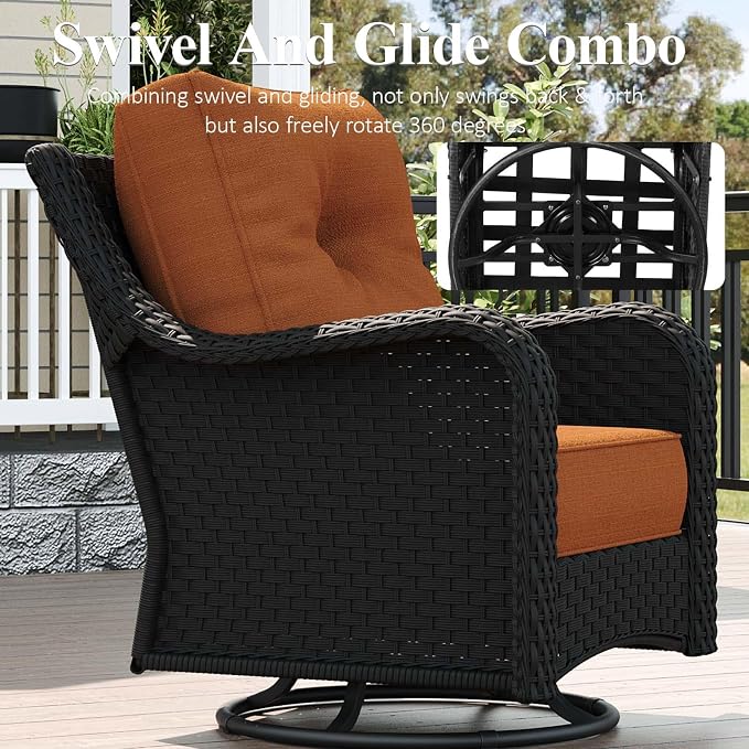 LayinSun 7 Piece Wicker Outdoor Furniture Set with 6-inch Comfy Cushions, High Back Patio Furniture Set with Swivel Rocking Chairs and Fire Pit Table