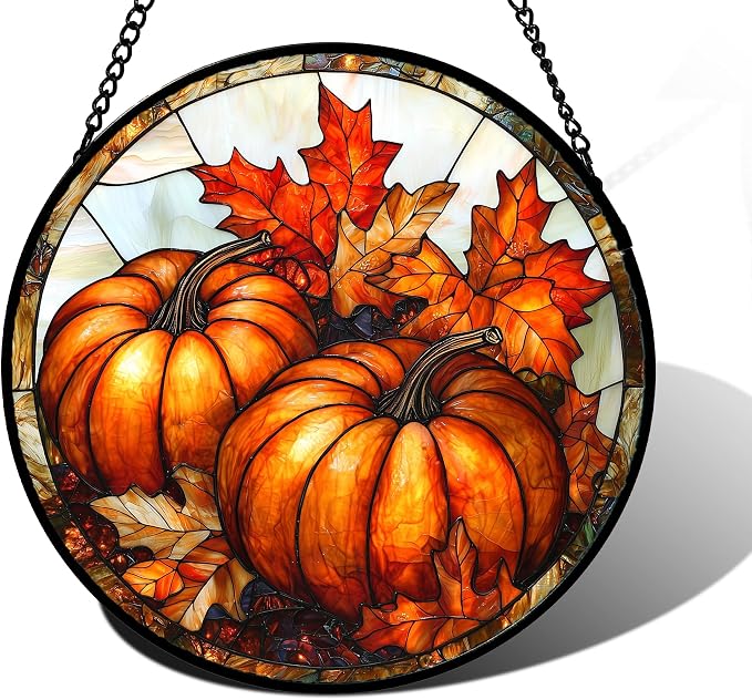 DASTOLL Stained Glass Window Hanging, Pumpkin Maple Leaf Suncatcher for Doors Home Sun Catchers Decoration and Christmas, Mother's Day Birthday Gifts for Women, Men, and Mom 6.3 in