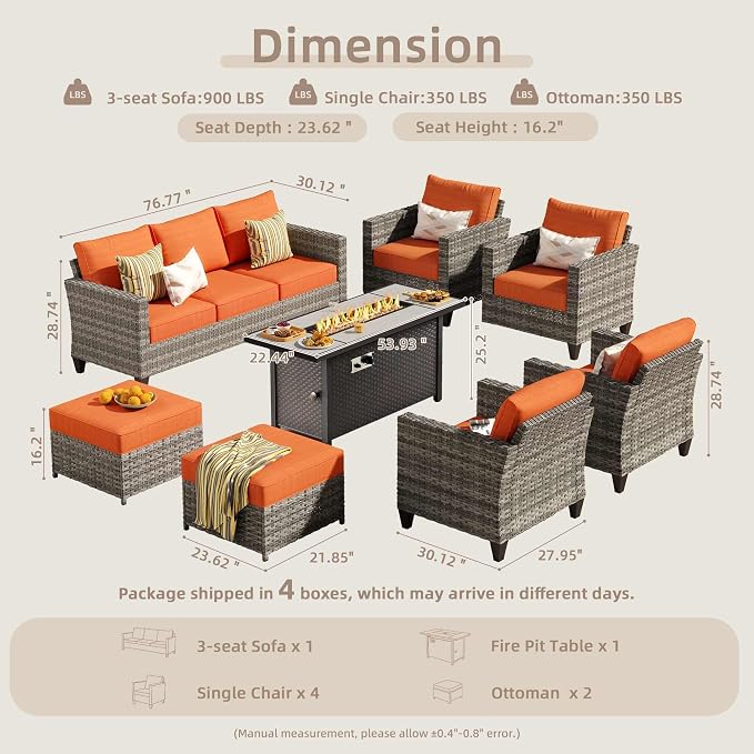 CAODOC 8-Piece Outdoor Wicker Patio Set with 9 Seats, Including 53" Fire Pit - Sectional Sofa and Conversation Set for Backyard or Lawn, Gray Rattan with Waterproof Red Cushions