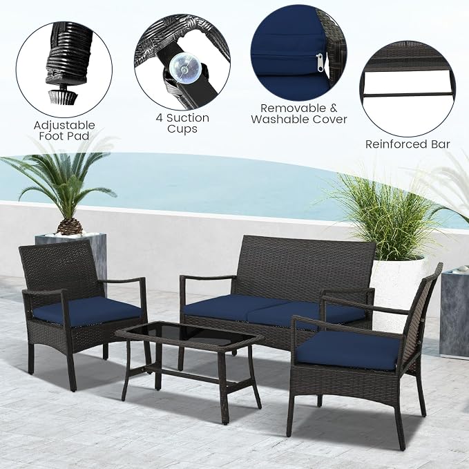 Tangkula 8 Pieces Outdoor Conversation Set, Patio PE Wicker Sofa with Tempered Glass Coffee Table, Soft Seat Cushions Included, Modern Rattan Chair Table Set for Porch, Backyard (2, Navy)