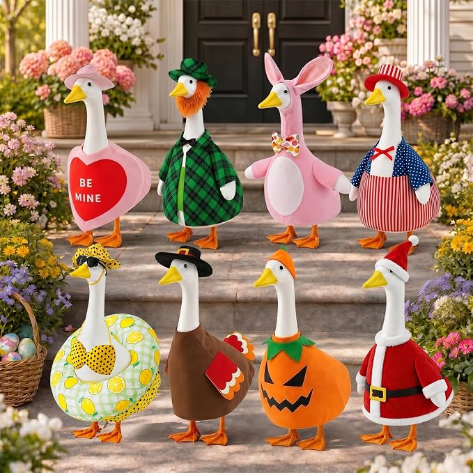 8 Set Holiday Porch Goose Outfits 23 inch All Seasons Goose Clothes for Valentine St. Patrick Easter Summer 4th of July Fall Halloween Christmas, Lawn Porch Gooses Clothing for Patio Yard Decor