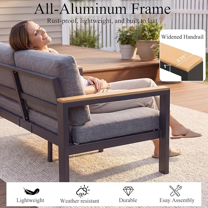 4-Piece 4-Seater Aluminum Patio Furniture Set,Outdoor Patio Table and Chairs Set with 2 Single Chairs+Loveseat+Coffee Table, 1.5mm Thick Rustproof Frame, Waterproof Washable Cushions for Porch Deck