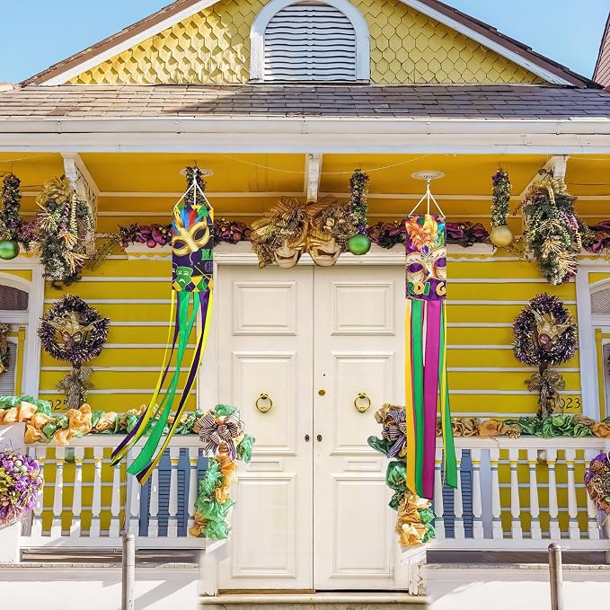 NOVWANG 2 Pieces Mardi Gras Wind Sock, 40 Inch Wind Socks Mardi Gras Outdoor Decorations Purple Green Yellow Holiday Windsock Flags for Yard Garden Home Party Hanging Decor