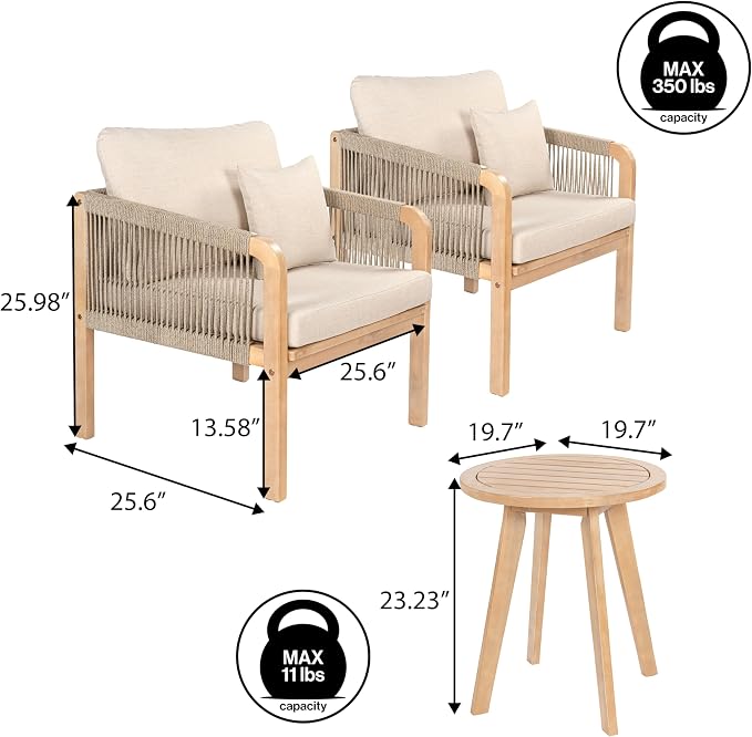 JONATHAN Y Aveiro Coastal 3-Piece Acacia Wood Outdoor Patio Conversation Set, Rope Woven Armchairs with Cushions and Round Side Table for Backyard, Porch, Garden, Light Teak/Beige LVG1204A-3SET