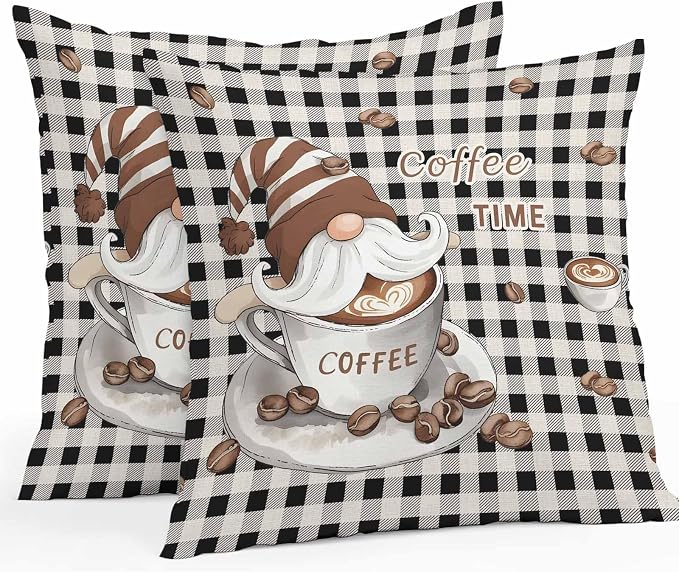 Coffee Gnomes Outdoor Pillow Covers 20x20 Inch Throw Pillow Covers Set of 2 Waterproof Decorative Pillow Cases Farmhouse Brown Bean Plaid Black Grey Cushion Covers for Patio Furniture Garden Couch