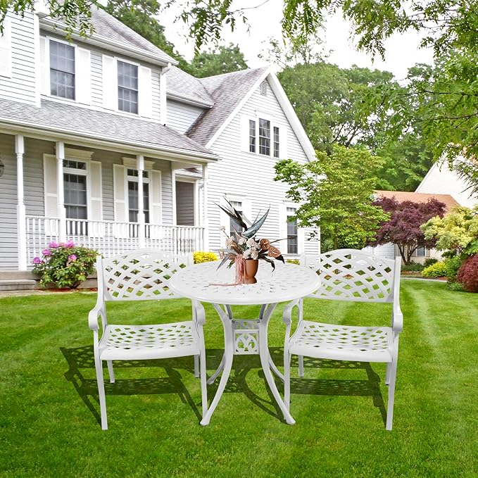 3 Piece Cast Aluminum Bistro Set With Umbrella Hole, Outdoor Patio Furniture With Adjustable Foot Cap, Metal Table and 2 Chairs for Garden, White