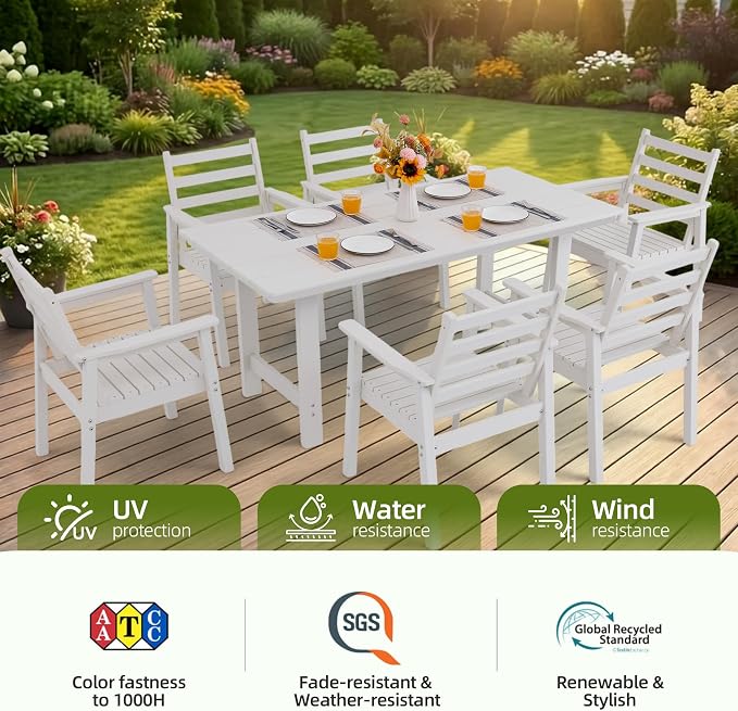 5-Piece Outdoor Dining Set, All-Weather HDPE Patio Furniture, 66.5" Slatted Table with 1.6" Umbrella Hole & 4 Ergonomic Armchairs, Heavy Duty 350lbs Capacity, UV Resistant, White
