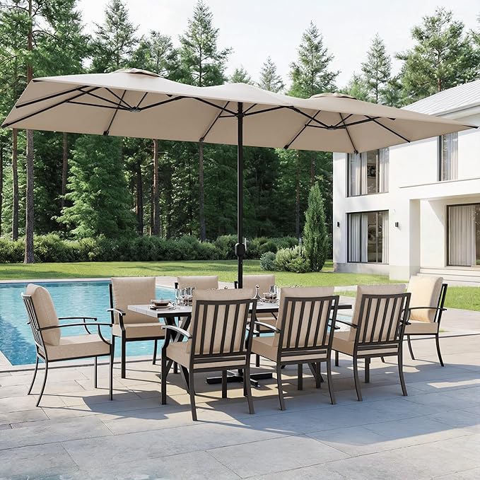 10 PCS Outdoor Patio Dining Set with 13.6ft Double-Sided Patio Umbrella,Patio Table and Chairs Metal Outdoor Patio Furniture Set,Dining Table Set with 8 Chairs,Brown