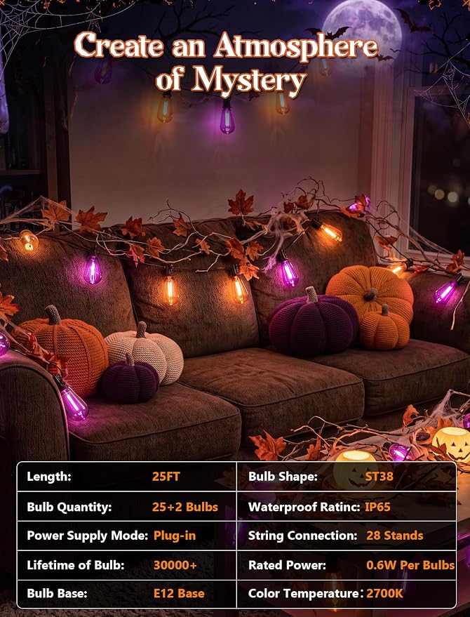 25ft Halloween String Lights Outdoor, ST38 Orange Purple LED Shatterproof Light Bulbs, Waterproof Dimmable Hanging Lights for Yard Patio Decor