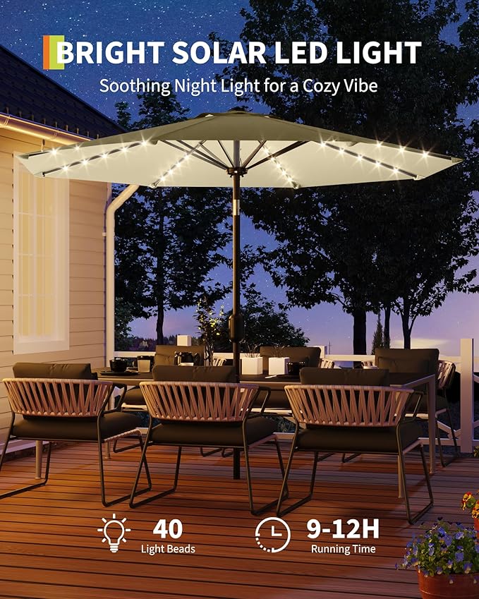 GarveeLife 10 ft Patio Umbrella with Solar Lights, 8 Ribs Outdoor Market Table Umbrella with 40 LED Lights & Tilt Crank for Pool, Deck, Backyard (Beige)