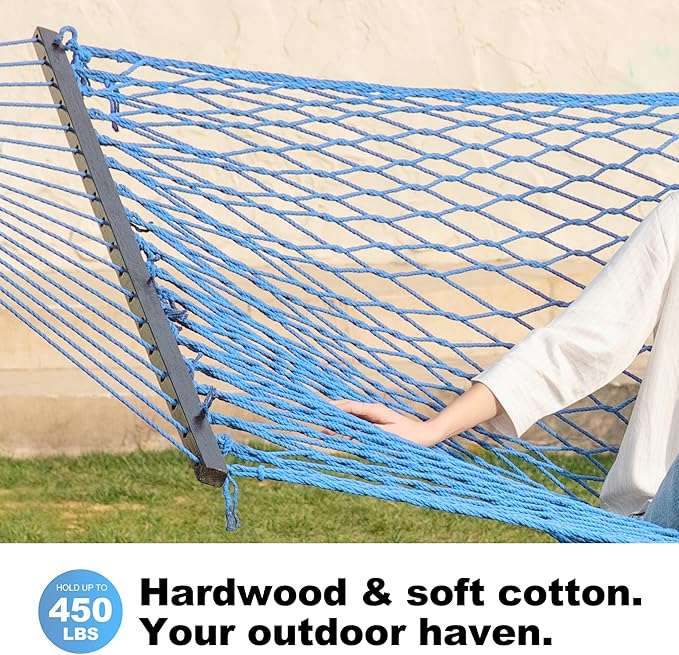GAFETE Single Rope Hammocks for Outside, Traditional Hand Woven Cotton Hammock with Hardwood Spreader Bar, Max 450 lbs Capacity (Lake Aqua, Small)