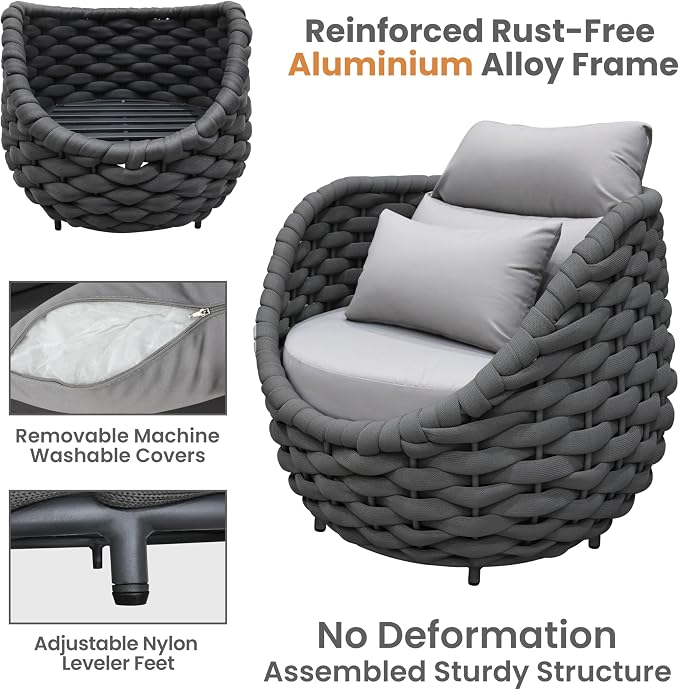 Woven Rope Patio Furniture Set: 4 Pieces Aluminum Outdoor Conversation Sofa Set Assembled - Modern Deck Couch Set Cushioned - All Weather Metal Porch Seating for 5 Person Garden Pool Yard Hotel