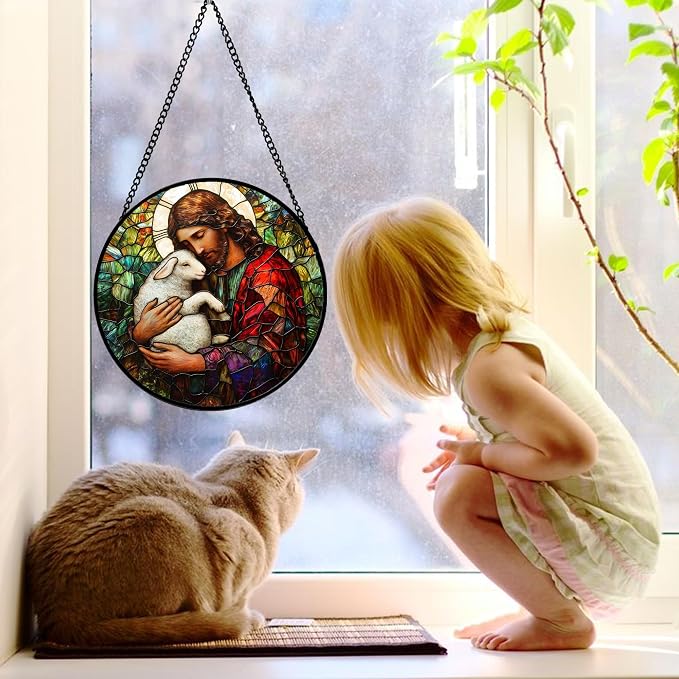 DASTOLL Stained Glass Window Hanging, Jesus Little Lamb Sun Catchers Colorful Glass Panel Christianity Suncatcher Decor for Birthday for Women, Men, Wife, Aunt, and Mom 11.8x11.8 in