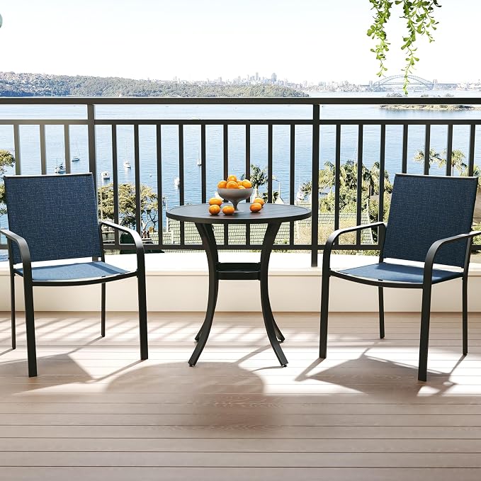 Anmutig 3-Piece Outdoor Dining Set, Small Metal Bistro Table with 2 Stackable Sling Chairs, 27.5 x 27.5 Inch Round Table, Blue Fabric