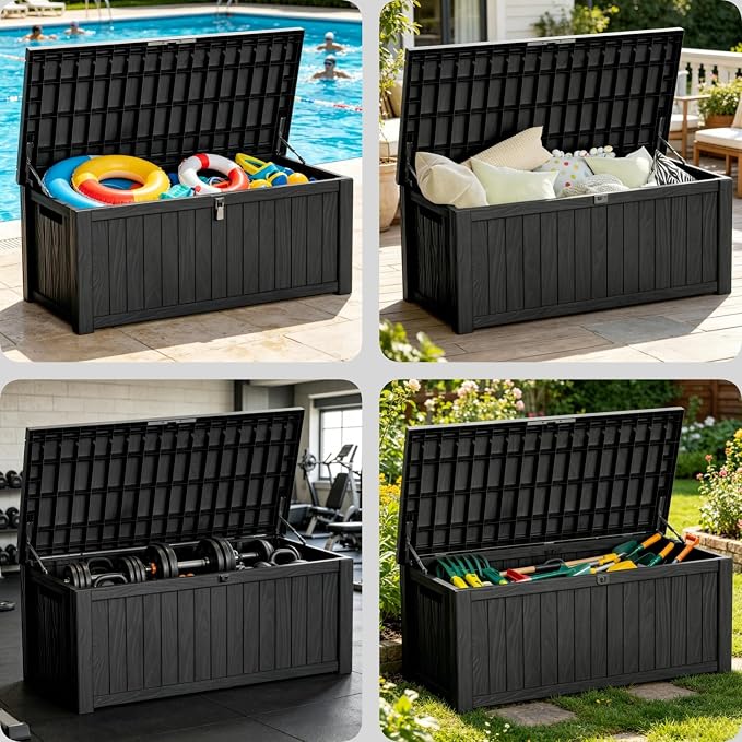 Outdoor Storage Deck Box, Large Patio Container for Garden Tools, Cushions and Yard Accessorie.Lockable Waterproof Resin Weatherproof Storage Container (Black, 180 Gallon)