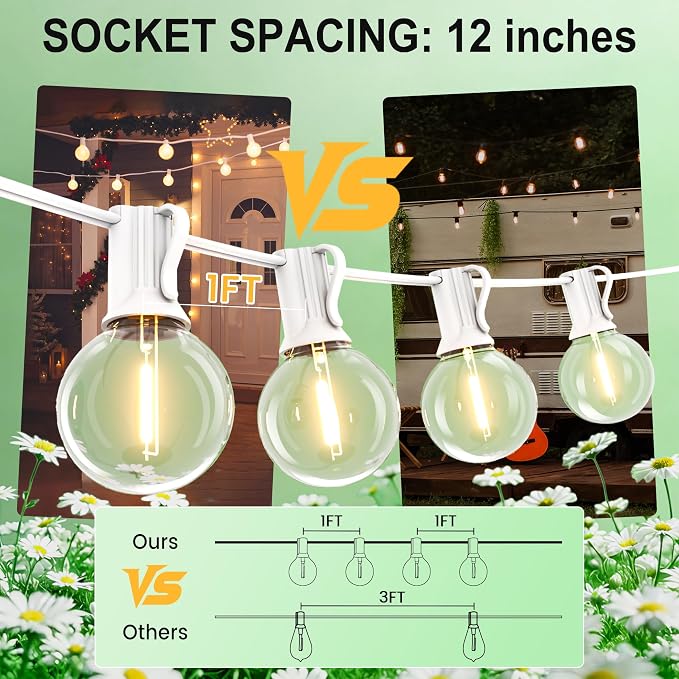 White Outdoor String Lights 30FT (1FT Apart) Remote for Patio Wedding Party | Connectable Waterproof Outside Lighting with 28 Globe Bulbs Remote Dimming & 3 Modes,Timmer for Porch Bistro Fence Backyard