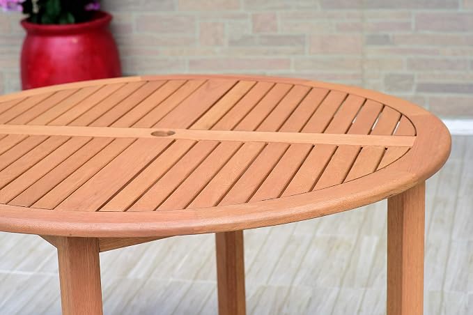 Urban Elements Melbourne 5-Piece Patio Furniture Set | Teak Finish 100% FSC Eucalyptus Wood | Backyard Furniture, Outside Table and Chairs, Round Outdoor Dining Set, White