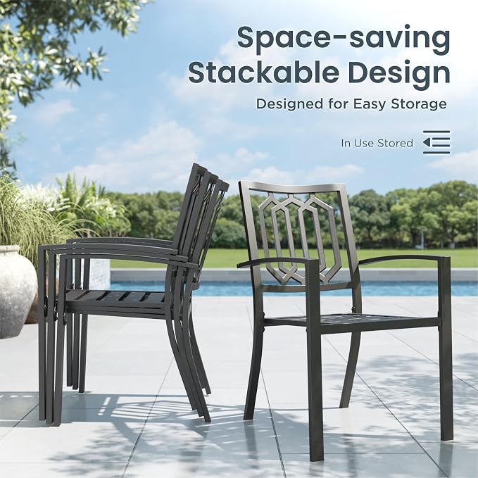 PHI VILLA 9 Pcs Outdoor Dining Set& 57.5" Wood-Like Table | Square Iron Table w/ Umbrella Hole & Stackable Black Metal Steel Chairs,Patio Furniture Set for Patio, Deck, Yard, Porch