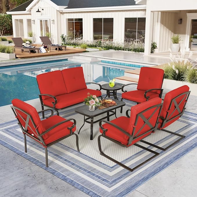 7-Piece Outdoor Metal Furniture Sets Patio Conversation Set, Wrought Iron Loveseat, 2 Dining Chairs, 2 Spring Chairs and Coffee Table, Red