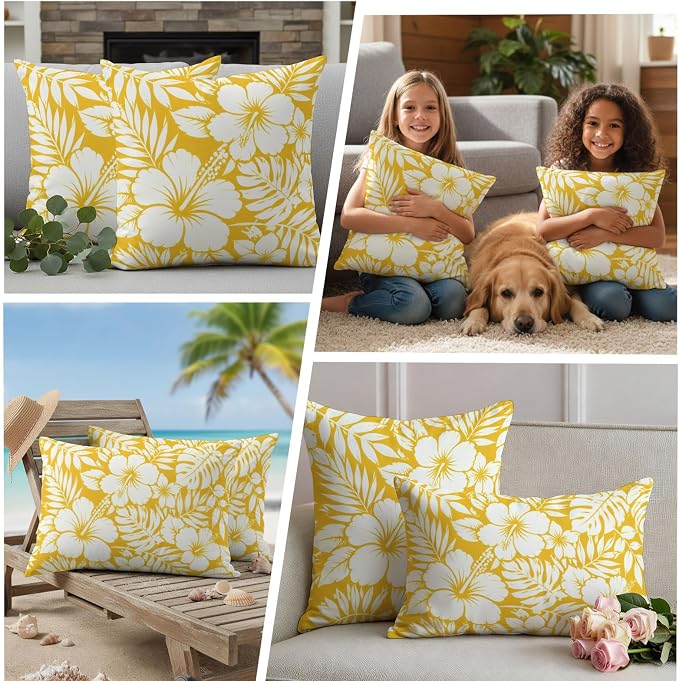 Yellow Hibiscus Flowers Waterproof Outdoor Pillow Covers Set of 2 Home Decor, Tropical Monstera Leaves Pillowcase Patio Pillow Covers for Couch Bench Patio Furniture Garden 18x18in