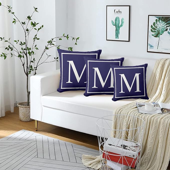 Monogram Initial Navy Blue Outdoor Pillow Covers 18 x 18inches Decorative Pillow Case for Sofa Couch Bed (Pillow Insert Not Include)