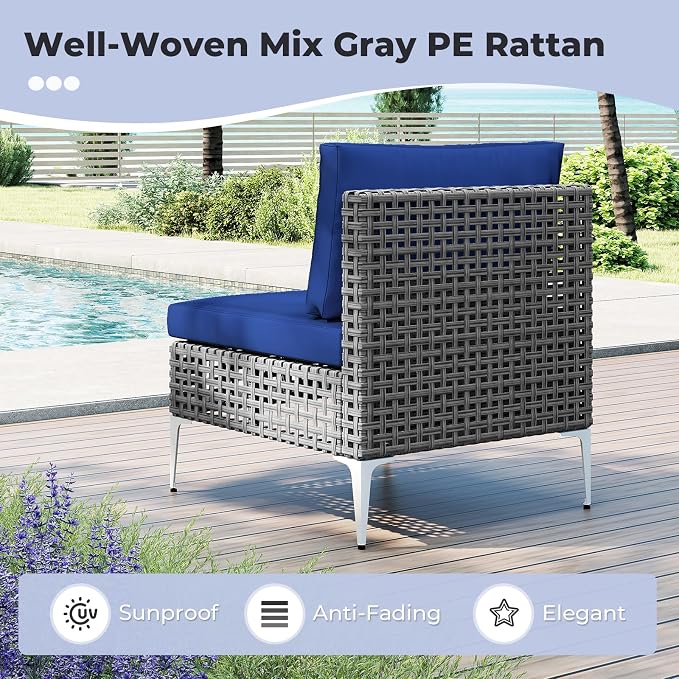 Tangkula 7 Piece Outdoor Furniture Set, Patiojoy Patio Wicker Sectional Cushioned Sofa Set with Coffee Table, for Backyard, Poolside, Porch and Lawn (Navy Blue)