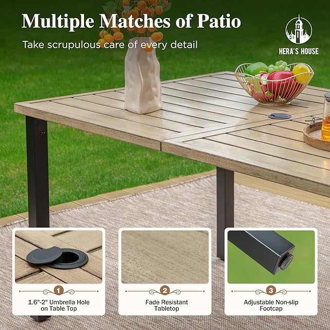 HERA'S HOUSE 7 Pieces Outdoor Dining Set, Wood-Grain Metal Table with Umbrella Hole, Patio Table and Chairs for Yard Garden Porch Poolside, Blue