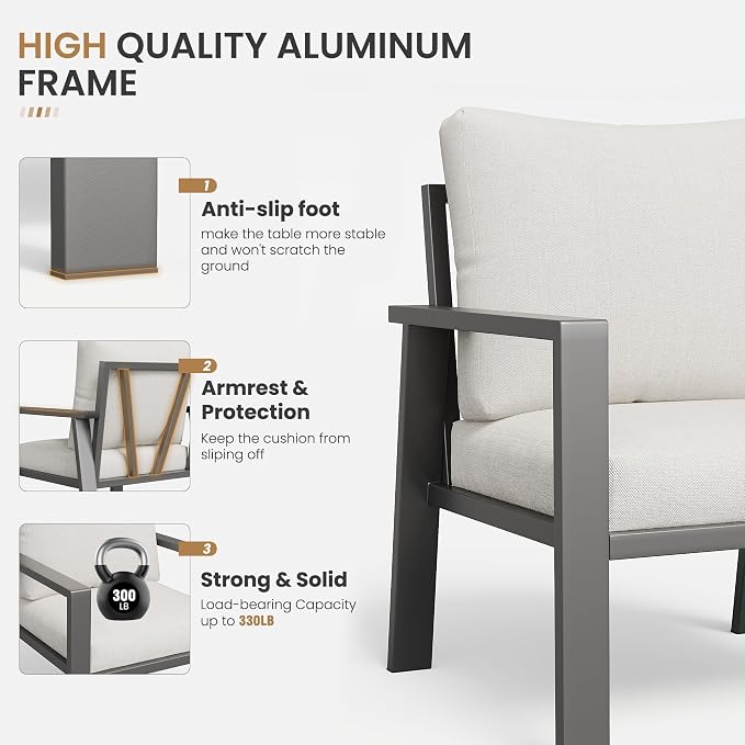 4-Piece Aluminum Outdoor Patio Furniture Sets All-Weather Patio Conversation Set Sectional Sofa with Coffee Table & Cushions with Removable Covers for for Deck Backyard Garden Poolside Balcony Porch