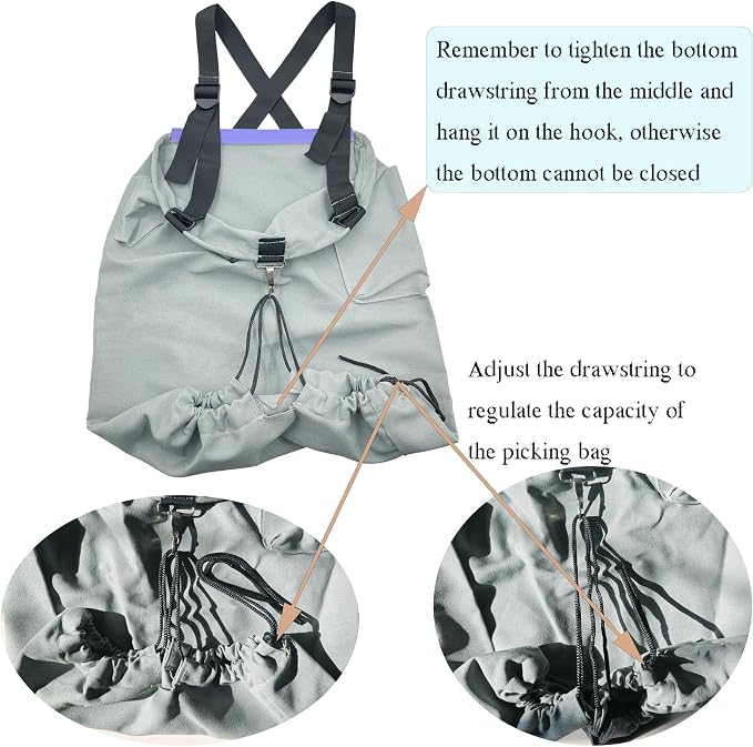 Large Adjustable Canvas Fruit Picking Bag for Orchard Farm Garden | Drop Bottom for Fast Unloading, Harvesting Apron with Open Pouch, Tool Storage Pockets, Drawstring for Flexible Capacity