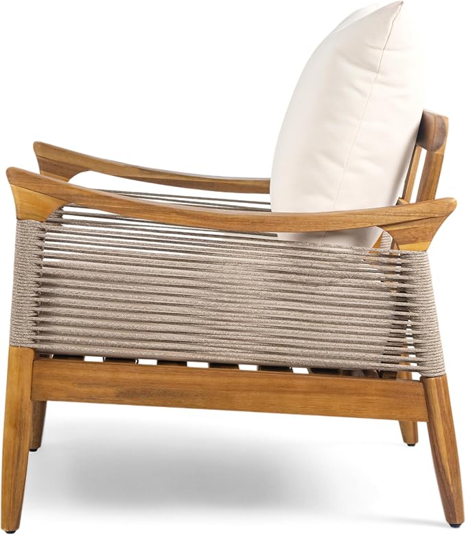 Christopher Knight Home Heidi Acacia Wood 5 Piece Patio Furniture Set 7-Seater Outdoor Loveseat, 3-Seater Sofa, Club Chairs and Coffee Table, Patio Conversation Set With Woven Rope Accents, Teak+Beige