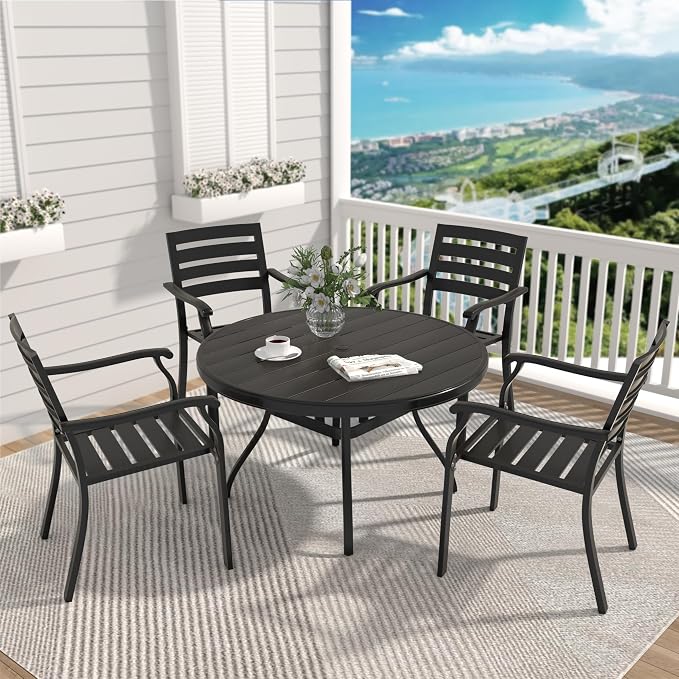 LUMISOL 5-Piece Outdoor Patio Dining Set, 4 Stackable Metal Dining Chairs and 40.6" Round Metal Dining Table, Outdoor Table and Chairs for Lawn Garden Backyard, Black